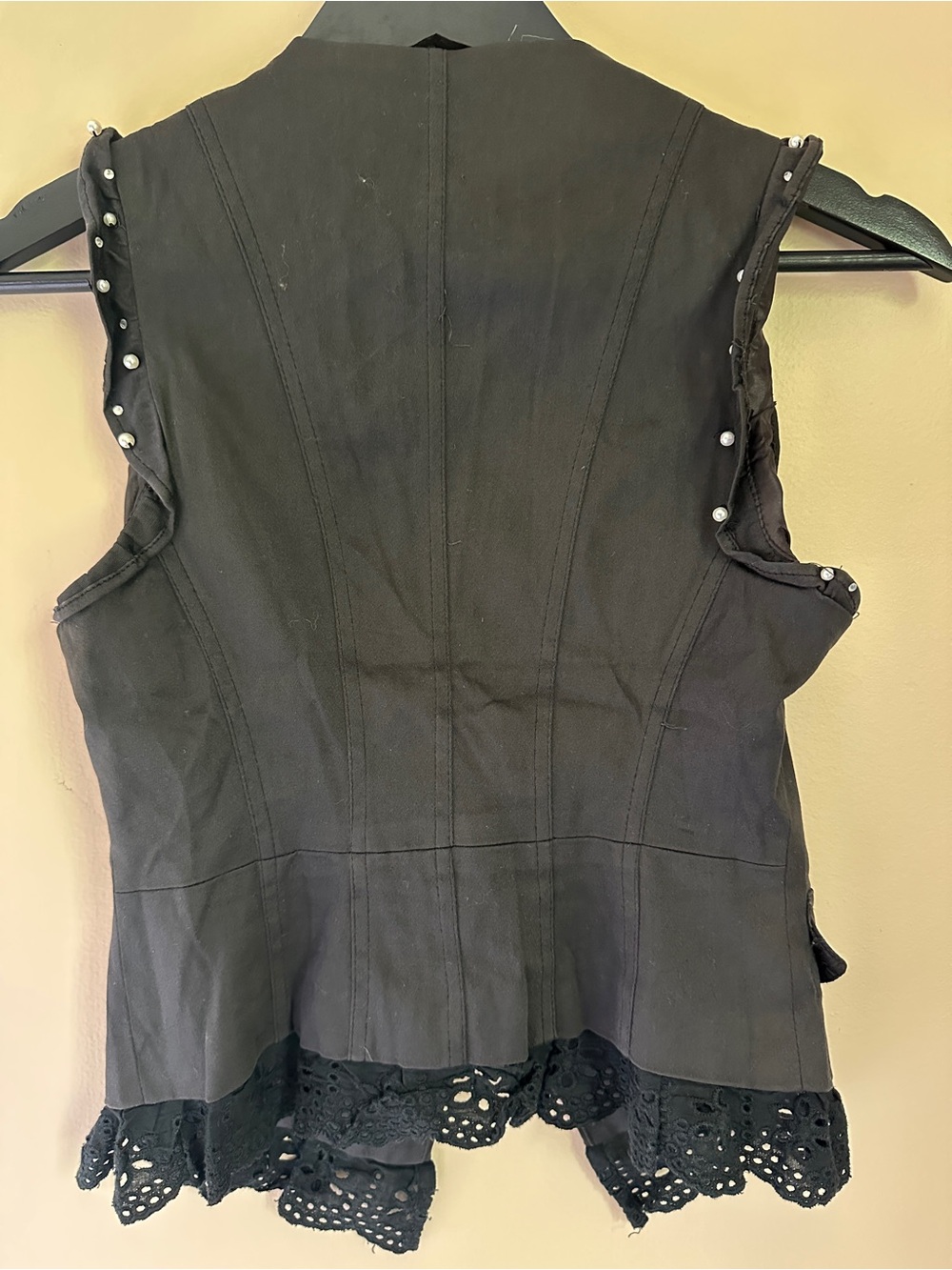 Vintage 90s Black Sleeveless Crochet Hem Vest Steampunk Grunge Goth Small - Picture 4 of 5
